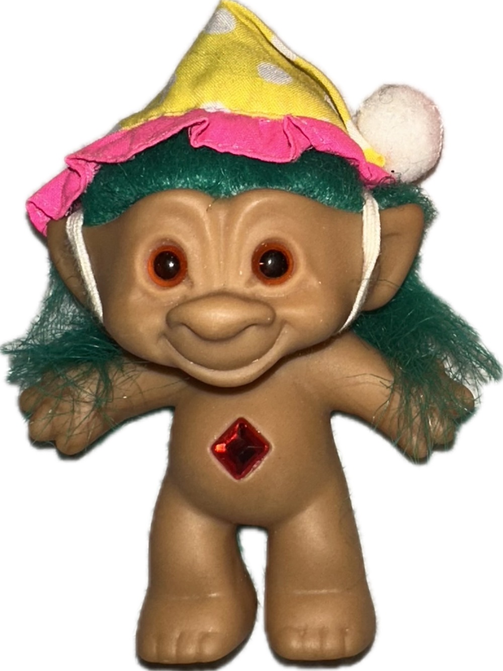 Vintage ACE Treasure Troll 4" Dark Green Hair Red Heart Belly Jewel  Ace Novelty